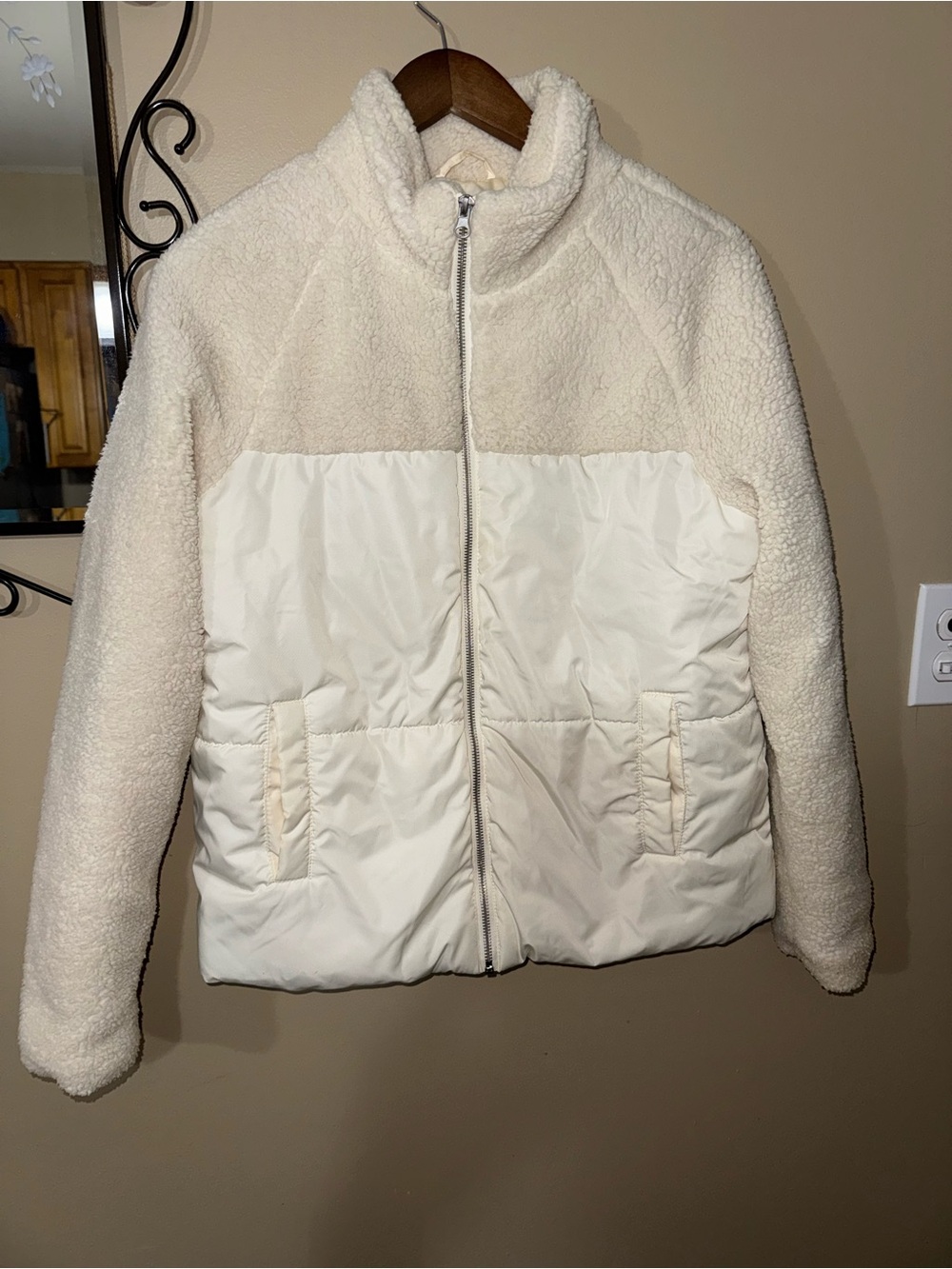 Maurices Cream Sherpa & Nylon Zip Jacket